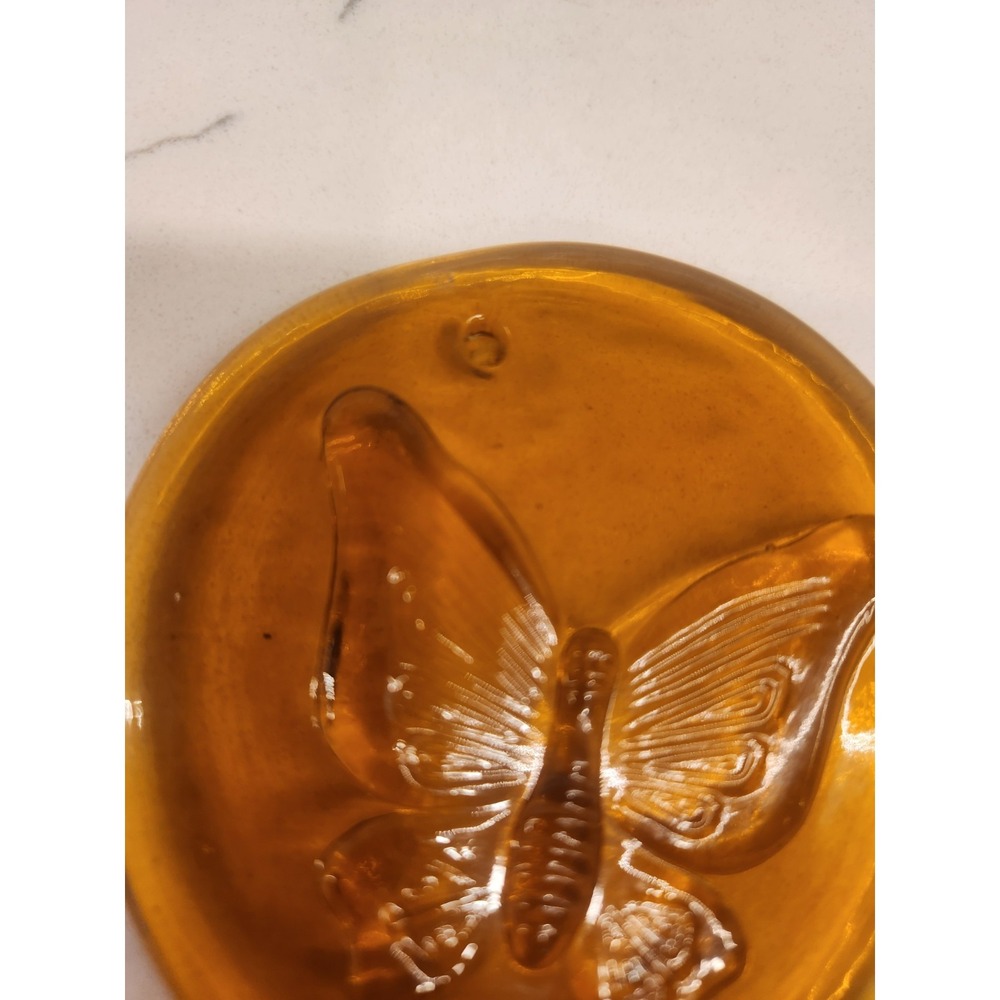 Vintage Pressed Glass Suncatcher With Butterfly Design Amber Glass 3.5" Round - Picture 3 of 7